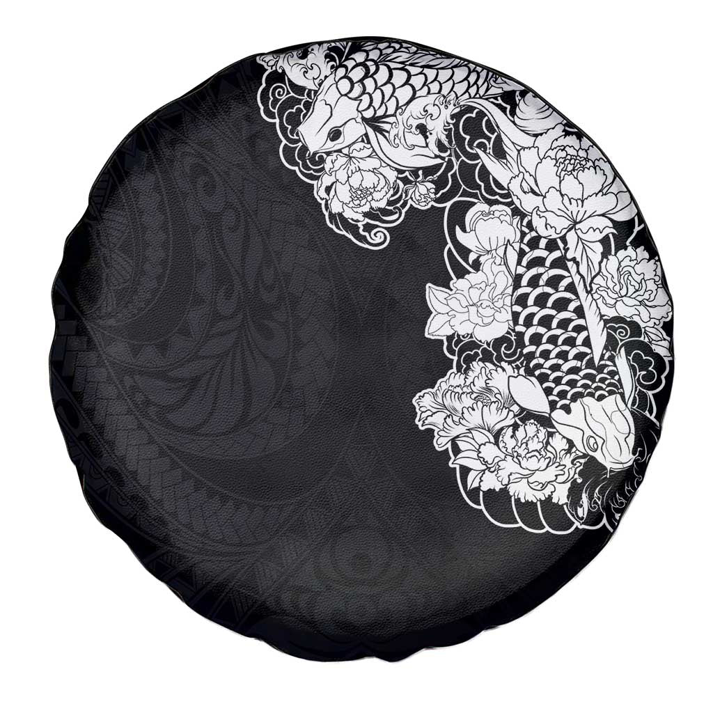 Hawaiian and Japanese Together Spare Tire Cover Japanese Koi Fish Tattoo and Kakau Pattern Black Color LT03 - Polynesian Pride