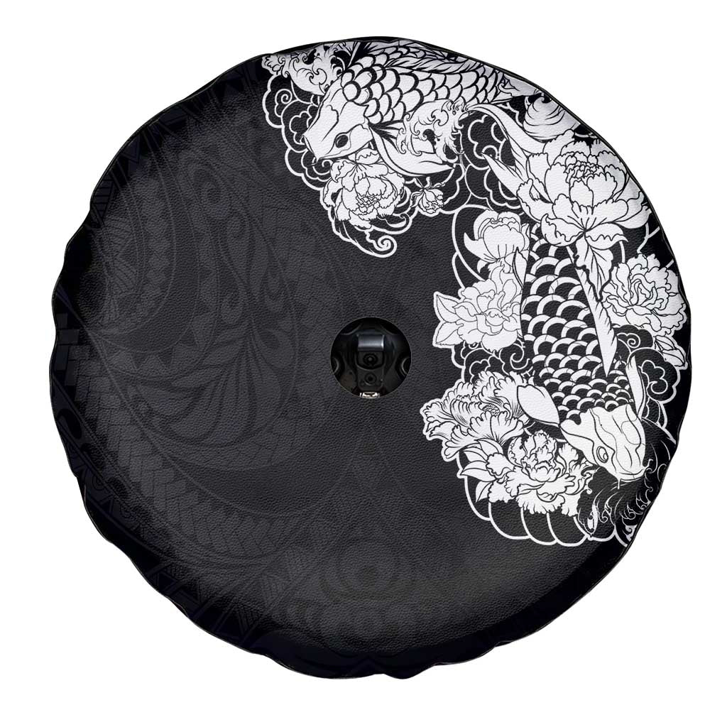 Hawaiian and Japanese Together Spare Tire Cover Japanese Koi Fish Tattoo and Kakau Pattern Black Color LT03 - Polynesian Pride