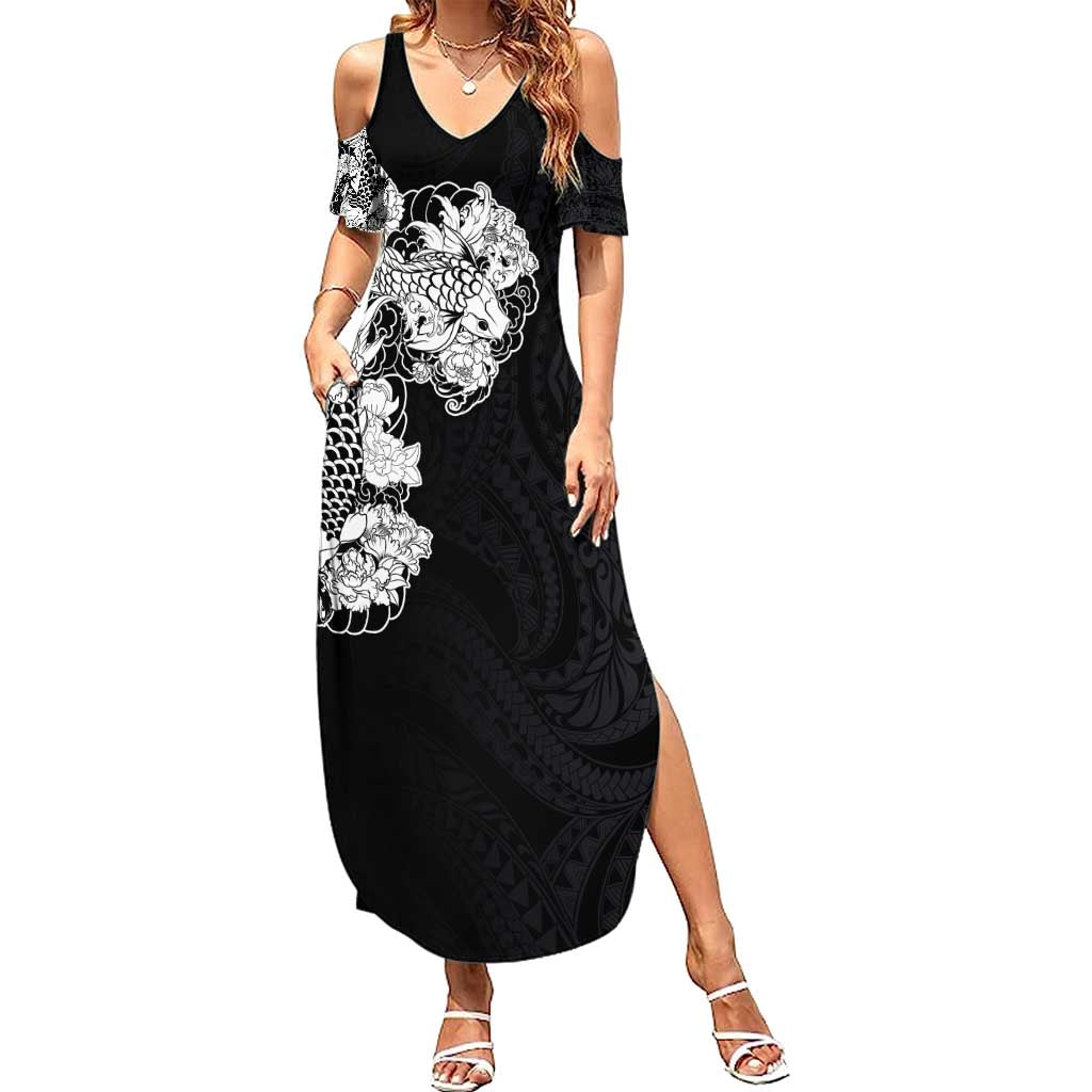Hawaiian and Japanese Together Summer Maxi Dress Japanese Koi Fish Tattoo and Kakau Pattern Black Color LT03 Women Black - Polynesian Pride