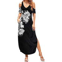 Hawaiian and Japanese Together Summer Maxi Dress Japanese Koi Fish Tattoo and Kakau Pattern Black Color LT03 Women Black - Polynesian Pride