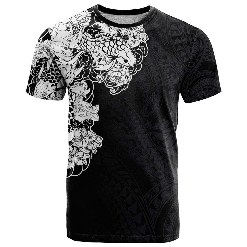 Hawaiian and Japanese Together T Shirt Japanese Koi Fish Tattoo and Kakau Pattern Black Color LT03 Black - Polynesian Pride