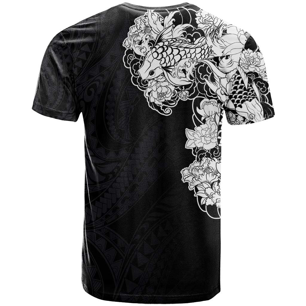 Hawaiian and Japanese Together T Shirt Japanese Koi Fish Tattoo and Kakau Pattern Black Color LT03 - Polynesian Pride