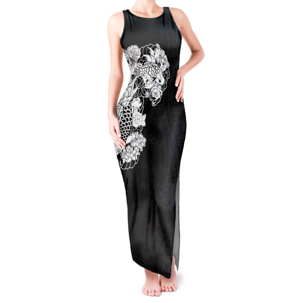 Hawaiian and Japanese Together Tank Maxi Dress Japanese Koi Fish Tattoo and Kakau Pattern Black Color LT03 Women Black - Polynesian Pride
