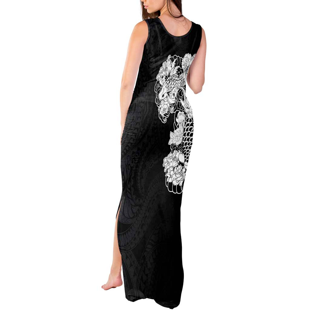 Hawaiian and Japanese Together Tank Maxi Dress Japanese Koi Fish Tattoo and Kakau Pattern Black Color LT03 - Polynesian Pride