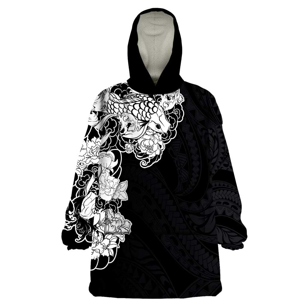 Hawaiian and Japanese Together Wearable Blanket Hoodie Japanese Koi Fish Tattoo and Kakau Pattern Black Color LT03 One Size Black - Polynesian Pride