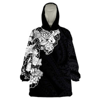 Hawaiian and Japanese Together Wearable Blanket Hoodie Japanese Koi Fish Tattoo and Kakau Pattern Black Color LT03 One Size Black - Polynesian Pride