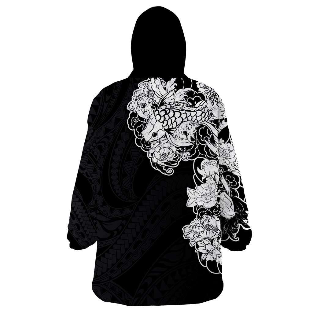 Hawaiian and Japanese Together Wearable Blanket Hoodie Japanese Koi Fish Tattoo and Kakau Pattern Black Color LT03 - Polynesian Pride