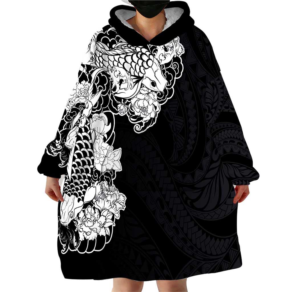 Hawaiian and Japanese Together Wearable Blanket Hoodie Japanese Koi Fish Tattoo and Kakau Pattern Black Color LT03 - Polynesian Pride