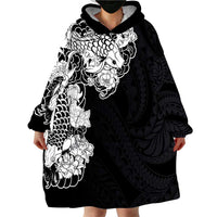 Hawaiian and Japanese Together Wearable Blanket Hoodie Japanese Koi Fish Tattoo and Kakau Pattern Black Color LT03 - Polynesian Pride