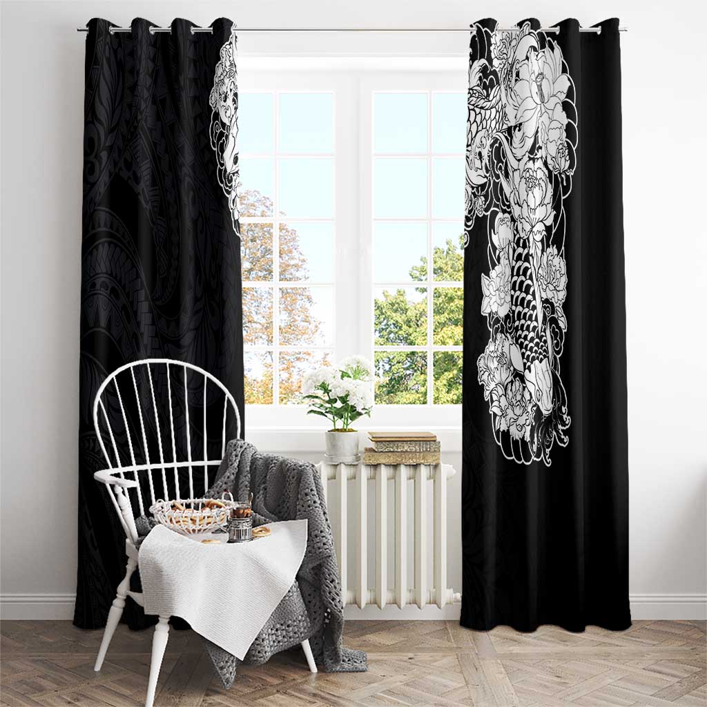 Hawaiian and Japanese Together Window Curtain Japanese Koi Fish Tattoo and Kakau Pattern Black Color