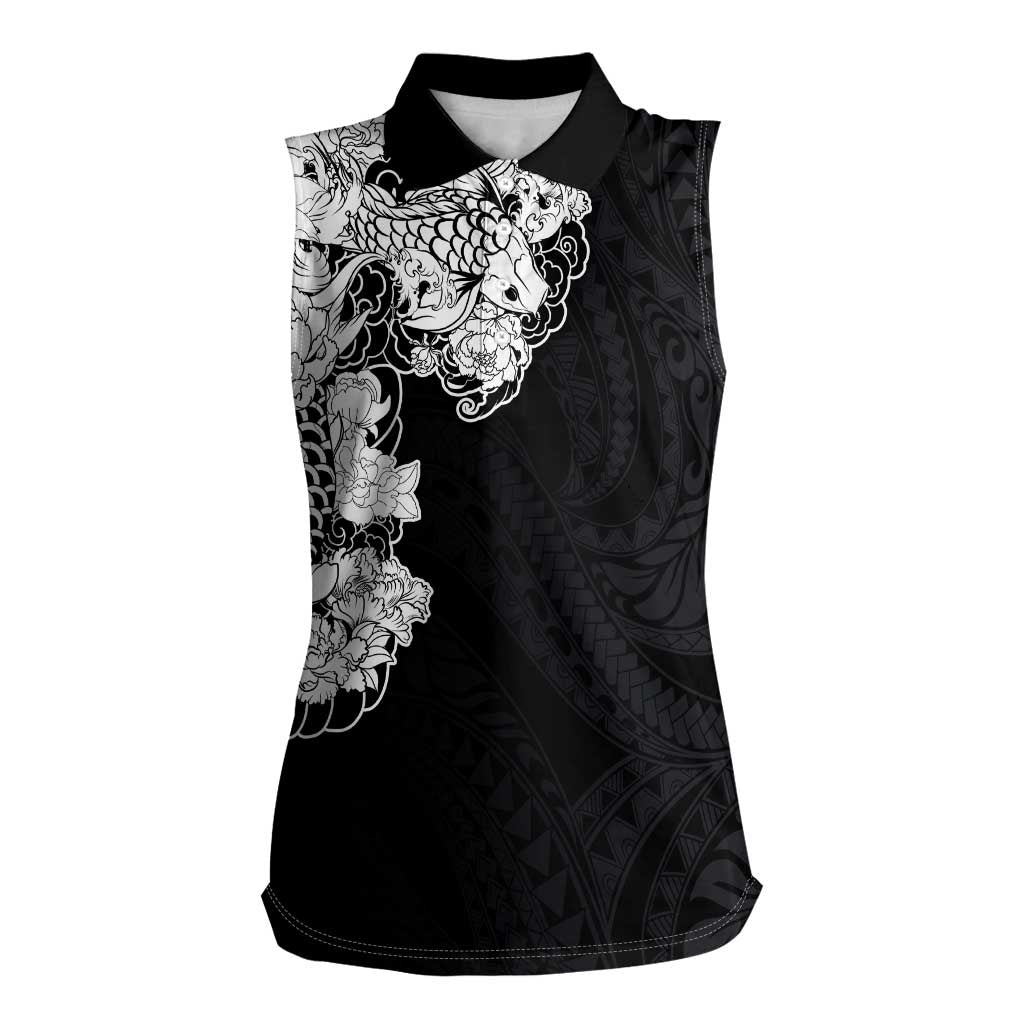 Hawaiian and Japanese Together Women Sleeveless Polo Shirt Japanese Koi Fish Tattoo and Kakau Pattern Black Color LT03 Female Black - Polynesian Pride