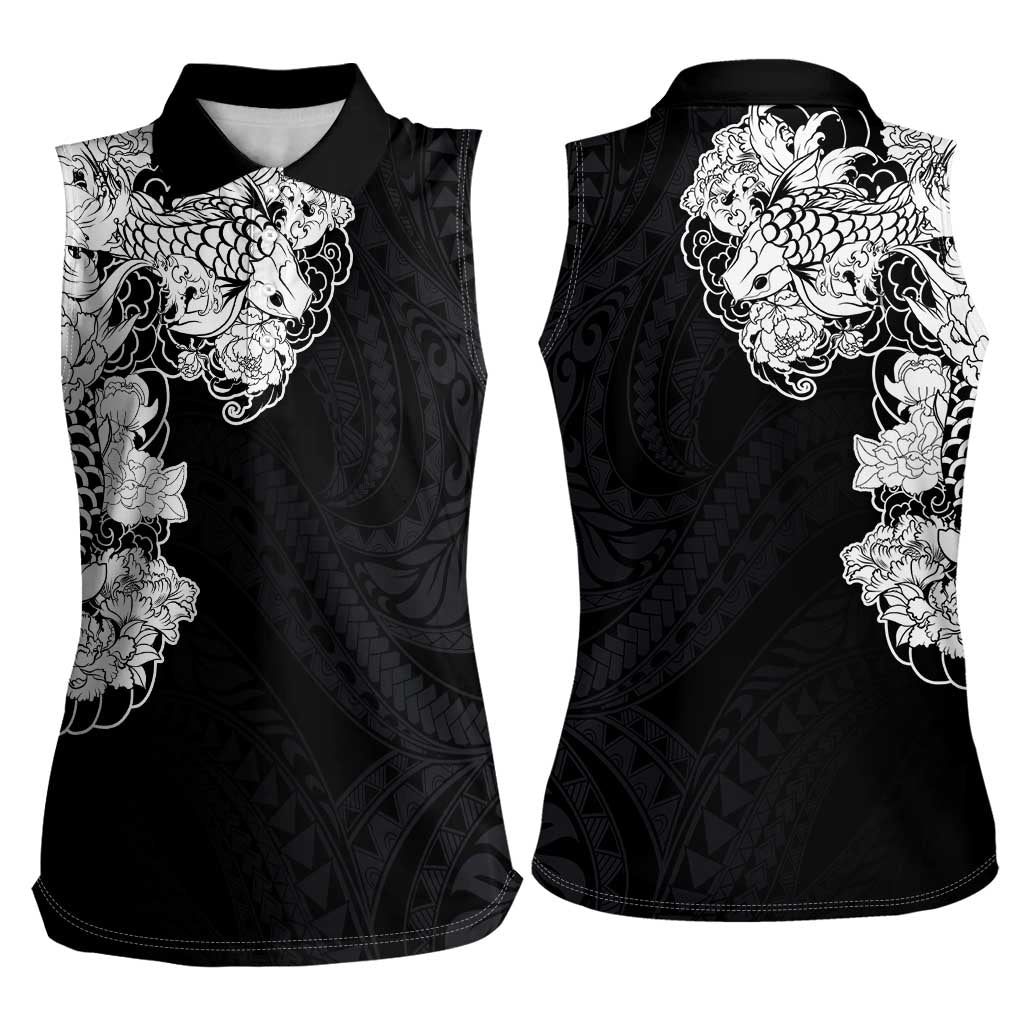 Hawaiian and Japanese Together Women Sleeveless Polo Shirt Japanese Koi Fish Tattoo and Kakau Pattern Black Color LT03 - Polynesian Pride
