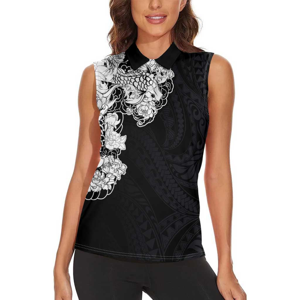 Hawaiian and Japanese Together Women Sleeveless Polo Shirt Japanese Koi Fish Tattoo and Kakau Pattern Black Color LT03 - Polynesian Pride