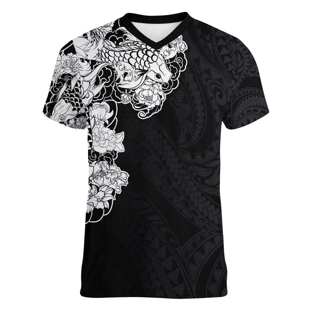 Hawaiian and Japanese Together Women V-Neck T-Shirt Japanese Koi Fish Tattoo and Kakau Pattern Black Color LT03 Female Black - Polynesian Pride