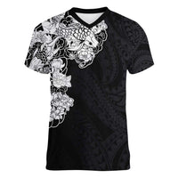 Hawaiian and Japanese Together Women V-Neck T-Shirt Japanese Koi Fish Tattoo and Kakau Pattern Black Color LT03 Female Black - Polynesian Pride