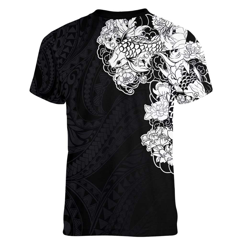 Hawaiian and Japanese Together Women V-Neck T-Shirt Japanese Koi Fish Tattoo and Kakau Pattern Black Color LT03 - Polynesian Pride