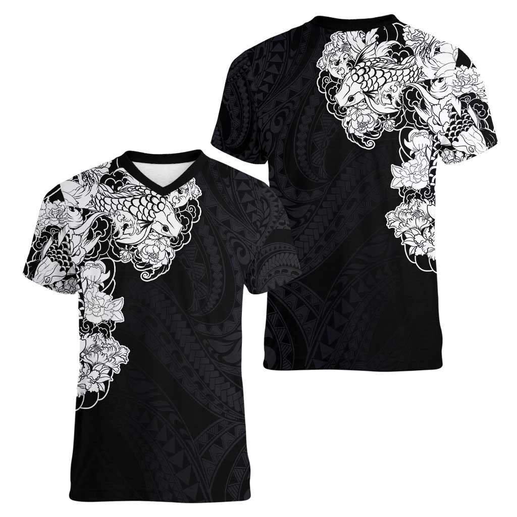 Hawaiian and Japanese Together Women V-Neck T-Shirt Japanese Koi Fish Tattoo and Kakau Pattern Black Color LT03 - Polynesian Pride