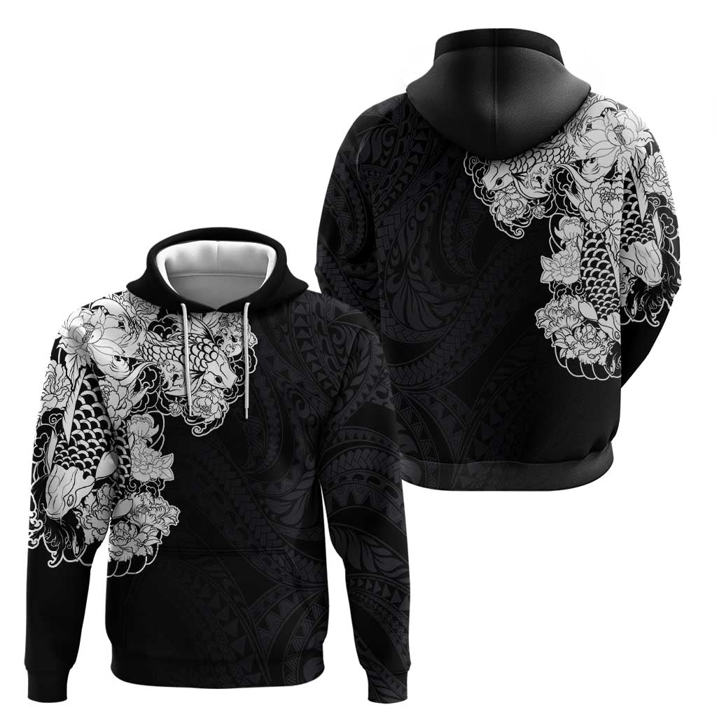 Hawaiian and Japanese Together Zip Hoodie Japanese Koi Fish Tattoo and Kakau Pattern Black Color LT03 - Polynesian Pride