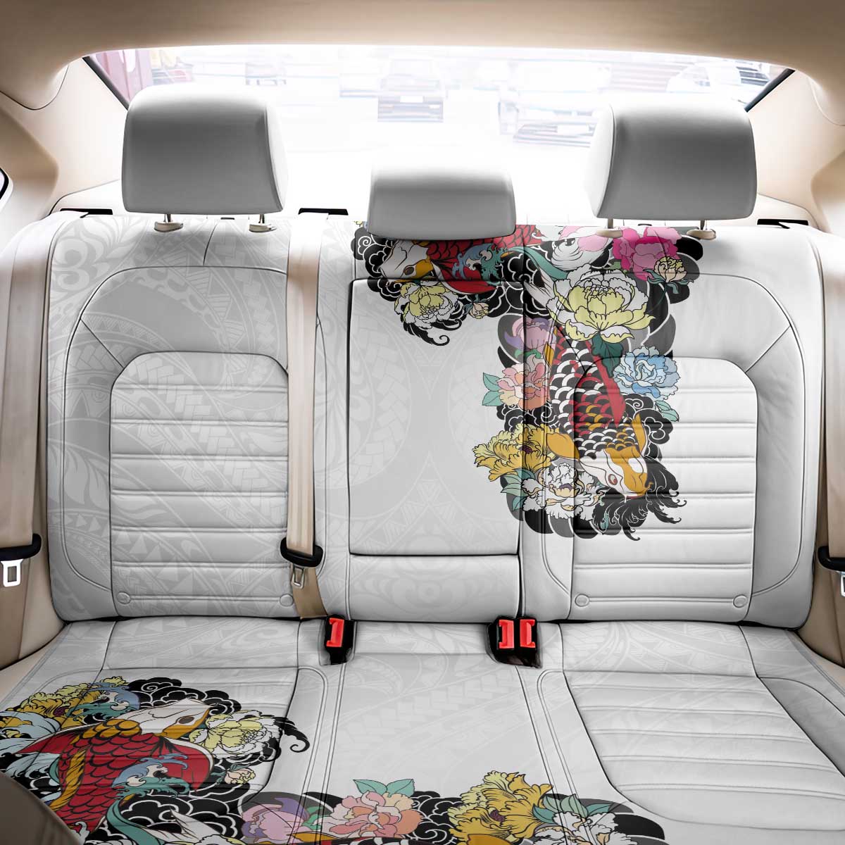 Hawaiian and Japanese Together Back Car Seat Cover Colorful Traditional Japanese Tattoo and Kakau Pattern White Color LT03 - Polynesian Pride