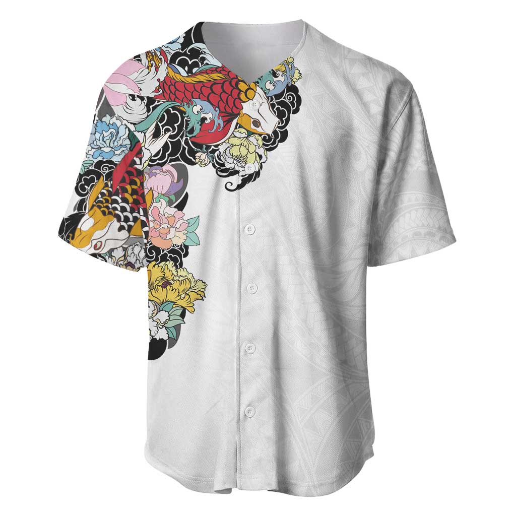 Hawaiian and Japanese Together Baseball Jersey Colorful Traditional Japanese Tattoo and Kakau Pattern White Color LT03 White - Polynesian Pride