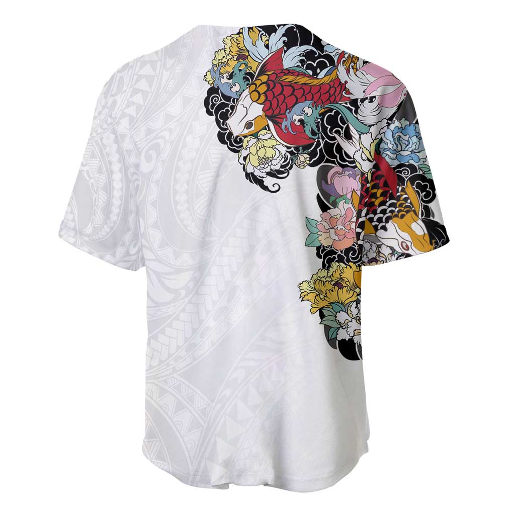 Hawaiian and Japanese Together Baseball Jersey Colorful Traditional Japanese Tattoo and Kakau Pattern White Color LT03 - Polynesian Pride
