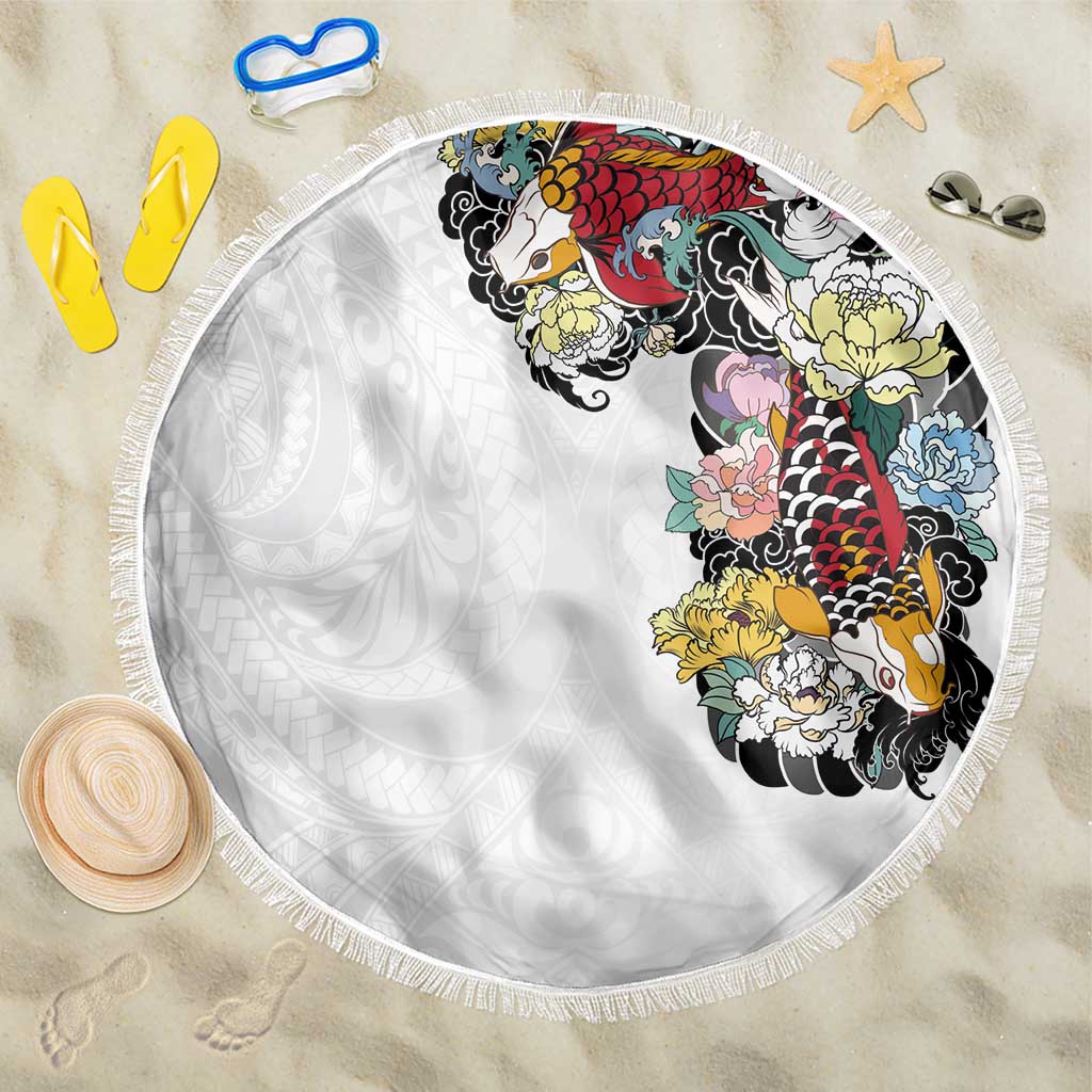 Hawaiian and Japanese Together Beach Blanket Colorful Traditional Japanese Tattoo and Kakau Pattern White Color LT03 One Size 150cm White - Polynesian Pride
