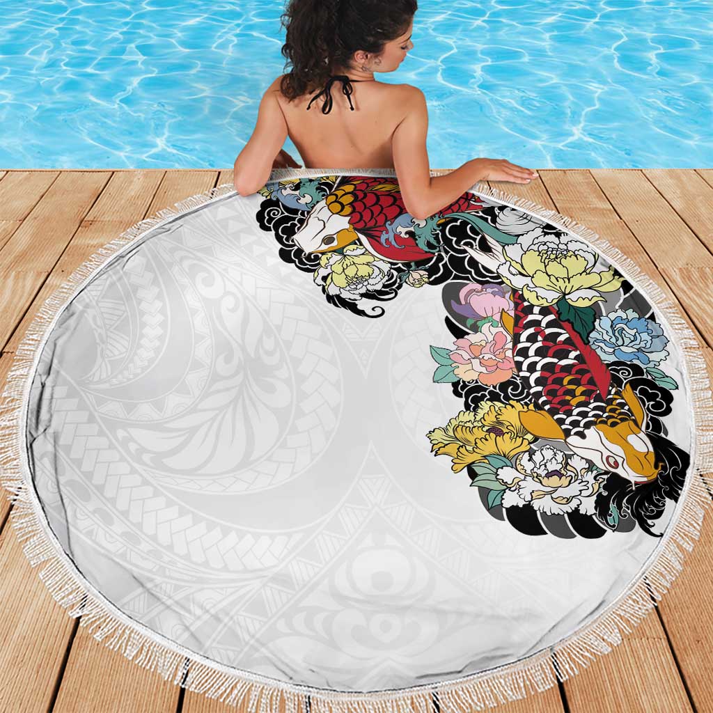 Hawaiian and Japanese Together Beach Blanket Colorful Traditional Japanese Tattoo and Kakau Pattern White Color LT03 - Polynesian Pride