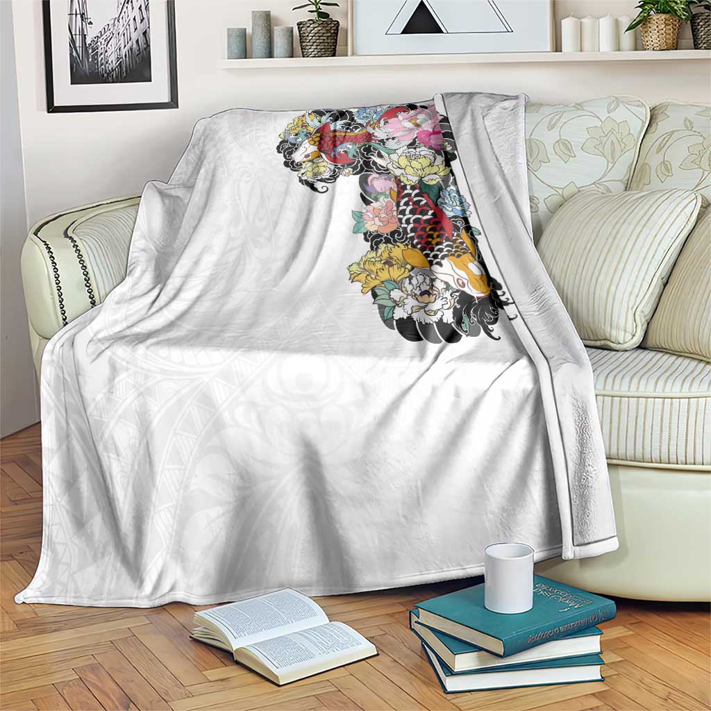 Hawaiian and Japanese Together Blanket Colorful Traditional Japanese Tattoo and Kakau Pattern White Color LT03 White - Polynesian Pride