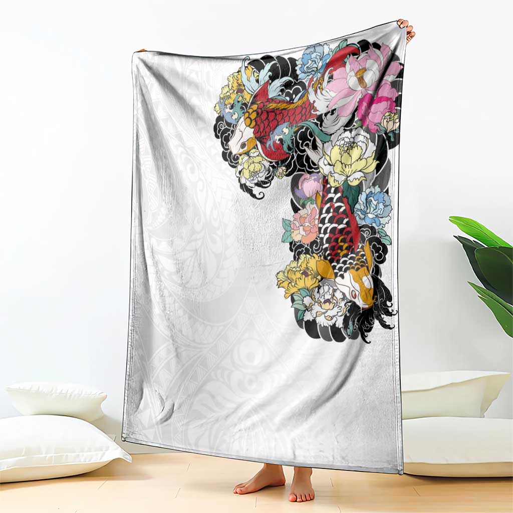 Hawaiian and Japanese Together Blanket Colorful Traditional Japanese Tattoo and Kakau Pattern White Color LT03 - Polynesian Pride