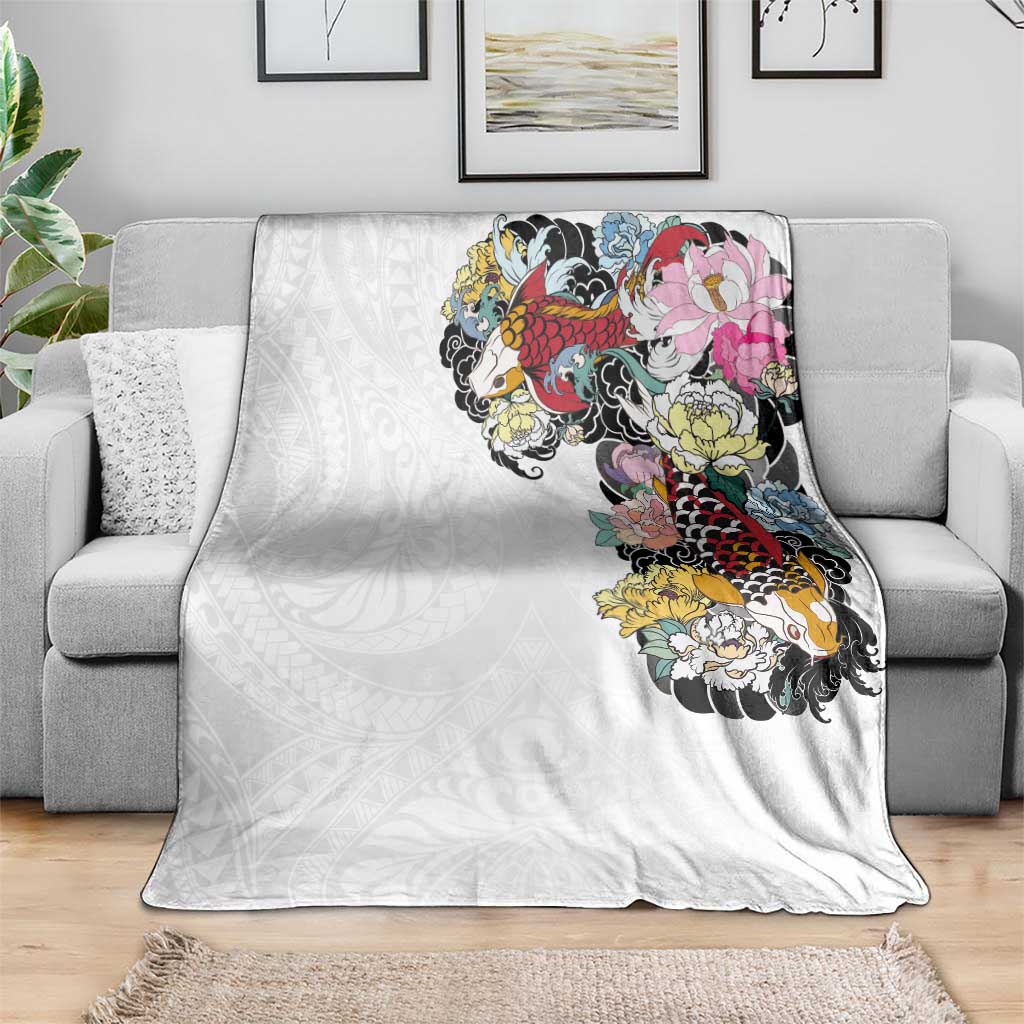 Hawaiian and Japanese Together Blanket Colorful Traditional Japanese Tattoo and Kakau Pattern White Color LT03 - Polynesian Pride