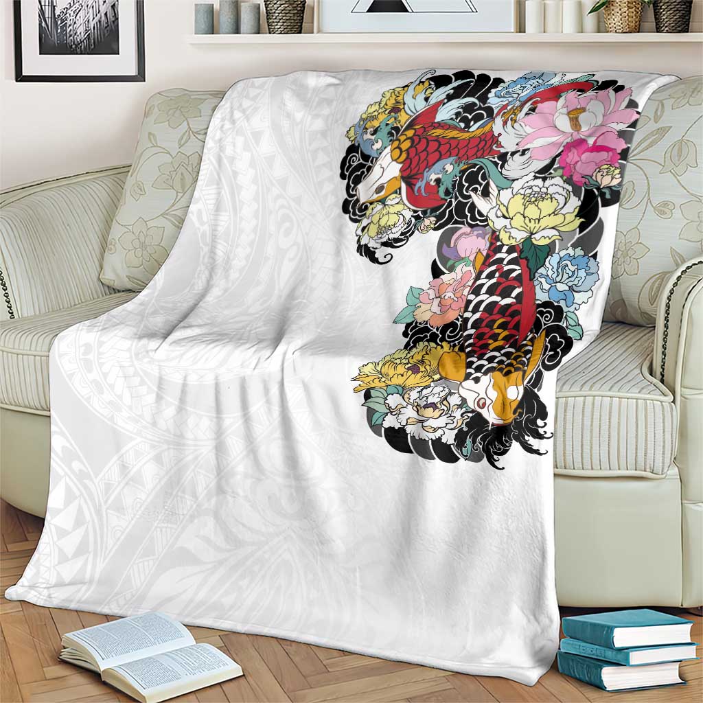 Hawaiian and Japanese Together Blanket Colorful Traditional Japanese Tattoo and Kakau Pattern White Color LT03 - Polynesian Pride