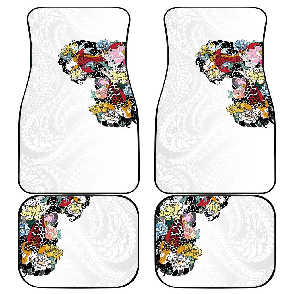 Hawaiian and Japanese Together Car Mats Colorful Traditional Japanese Tattoo and Kakau Pattern White Color LT03 - Polynesian Pride