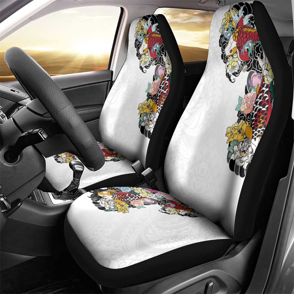 Hawaiian and Japanese Together Car Seat Cover Colorful Traditional Japanese Tattoo and Kakau Pattern White Color LT03 - Polynesian Pride