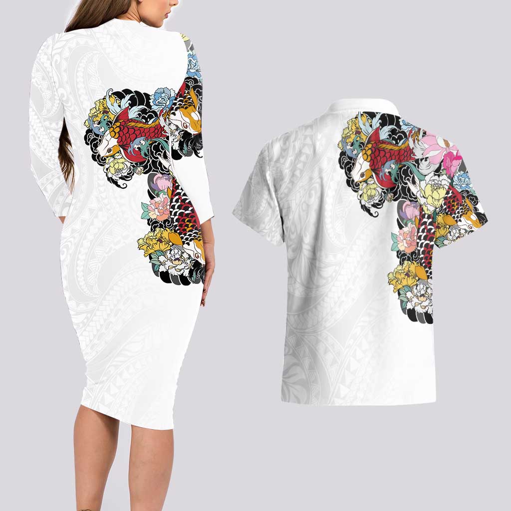 Hawaiian and Japanese Together Couples Matching Long Sleeve Bodycon Dress and Hawaiian Shirt Colorful Traditional Japanese Tattoo and Kakau Pattern White Color LT03 - Polynesian Pride