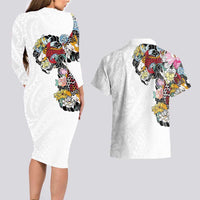 Hawaiian and Japanese Together Couples Matching Long Sleeve Bodycon Dress and Hawaiian Shirt Colorful Traditional Japanese Tattoo and Kakau Pattern White Color LT03 - Polynesian Pride