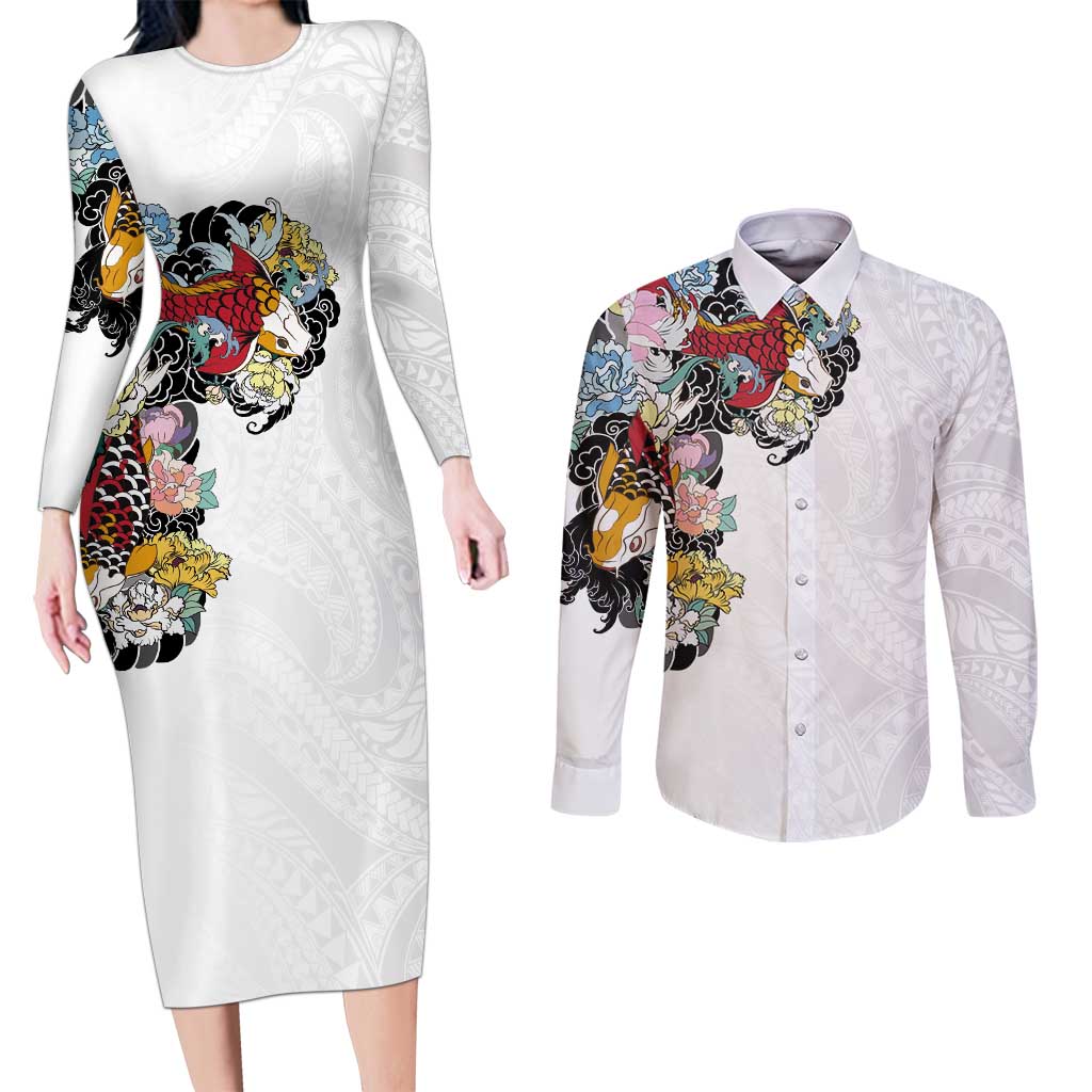 Hawaiian and Japanese Together Couples Matching Long Sleeve Bodycon Dress and Long Sleeve Button Shirt Colorful Traditional Japanese Tattoo and Kakau Pattern White Color