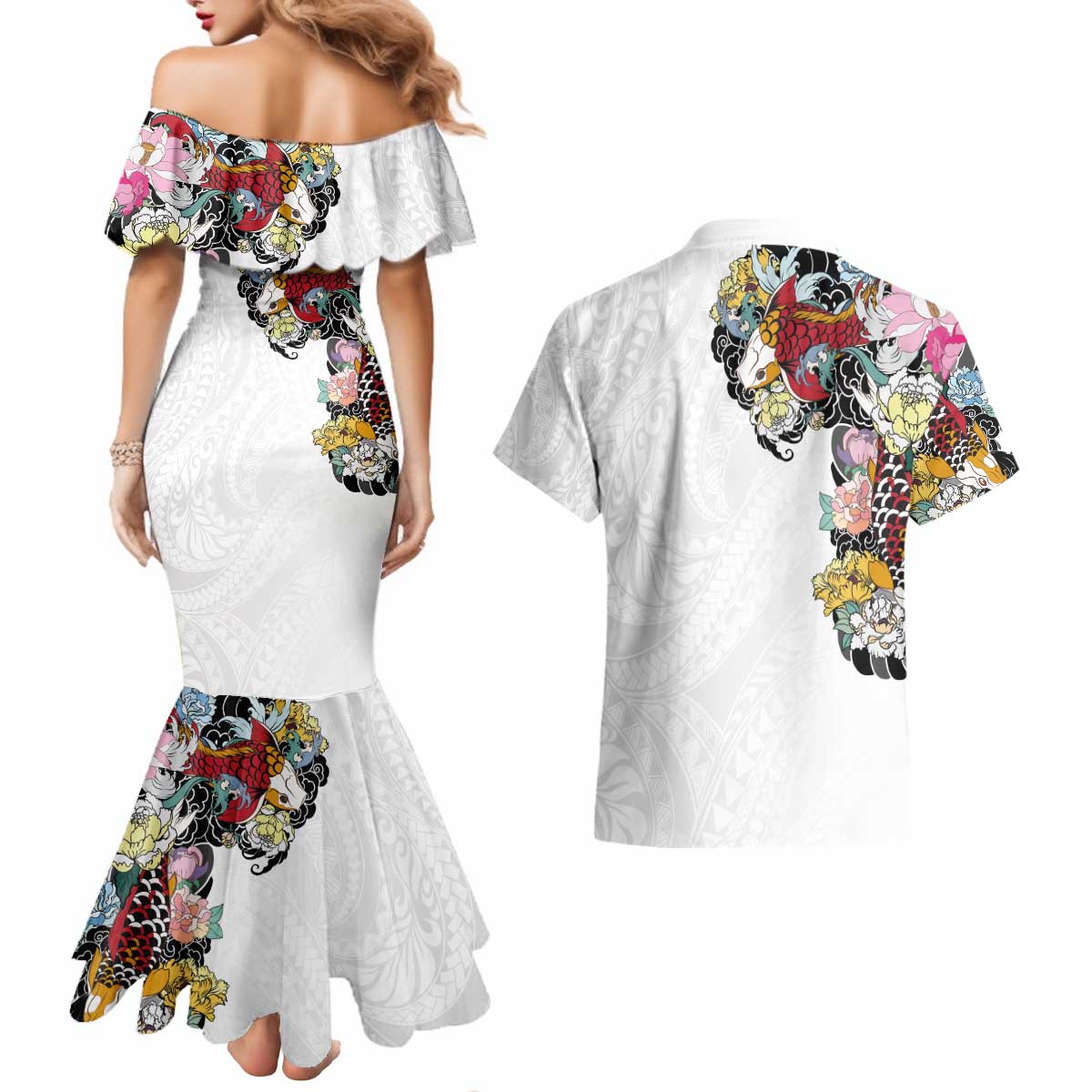 Hawaiian and Japanese Together Couples Matching Mermaid Dress and Hawaiian Shirt Colorful Traditional Japanese Tattoo and Kakau Pattern White Color LT03 - Polynesian Pride