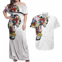 Hawaiian and Japanese Together Couples Matching Off Shoulder Maxi Dress and Hawaiian Shirt Colorful Traditional Japanese Tattoo and Kakau Pattern White Color LT03 White - Polynesian Pride