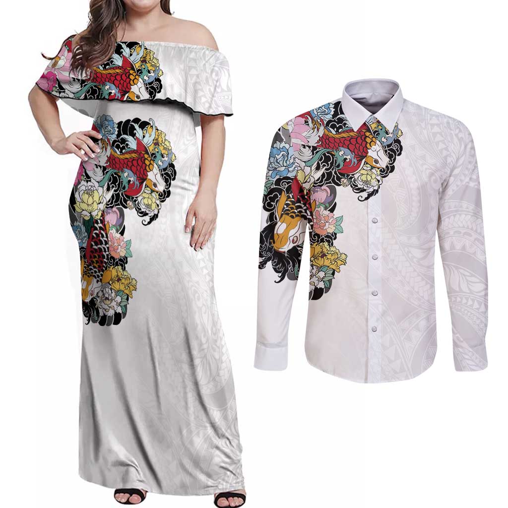 Hawaiian and Japanese Together Couples Matching Off Shoulder Maxi Dress and Long Sleeve Button Shirt Colorful Traditional Japanese Tattoo and Kakau Pattern White Color