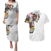 Hawaiian and Japanese Together Couples Matching Puletasi and Hawaiian Shirt Colorful Traditional Japanese Tattoo and Kakau Pattern White Color LT03 White - Polynesian Pride
