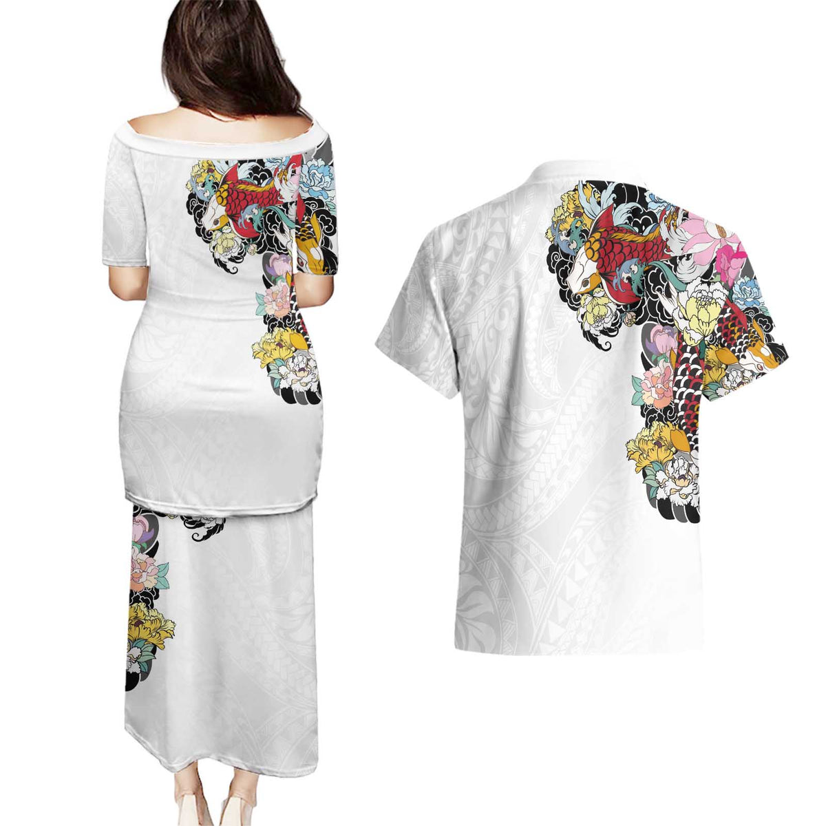 Hawaiian and Japanese Together Couples Matching Puletasi and Hawaiian Shirt Colorful Traditional Japanese Tattoo and Kakau Pattern White Color LT03 - Polynesian Pride
