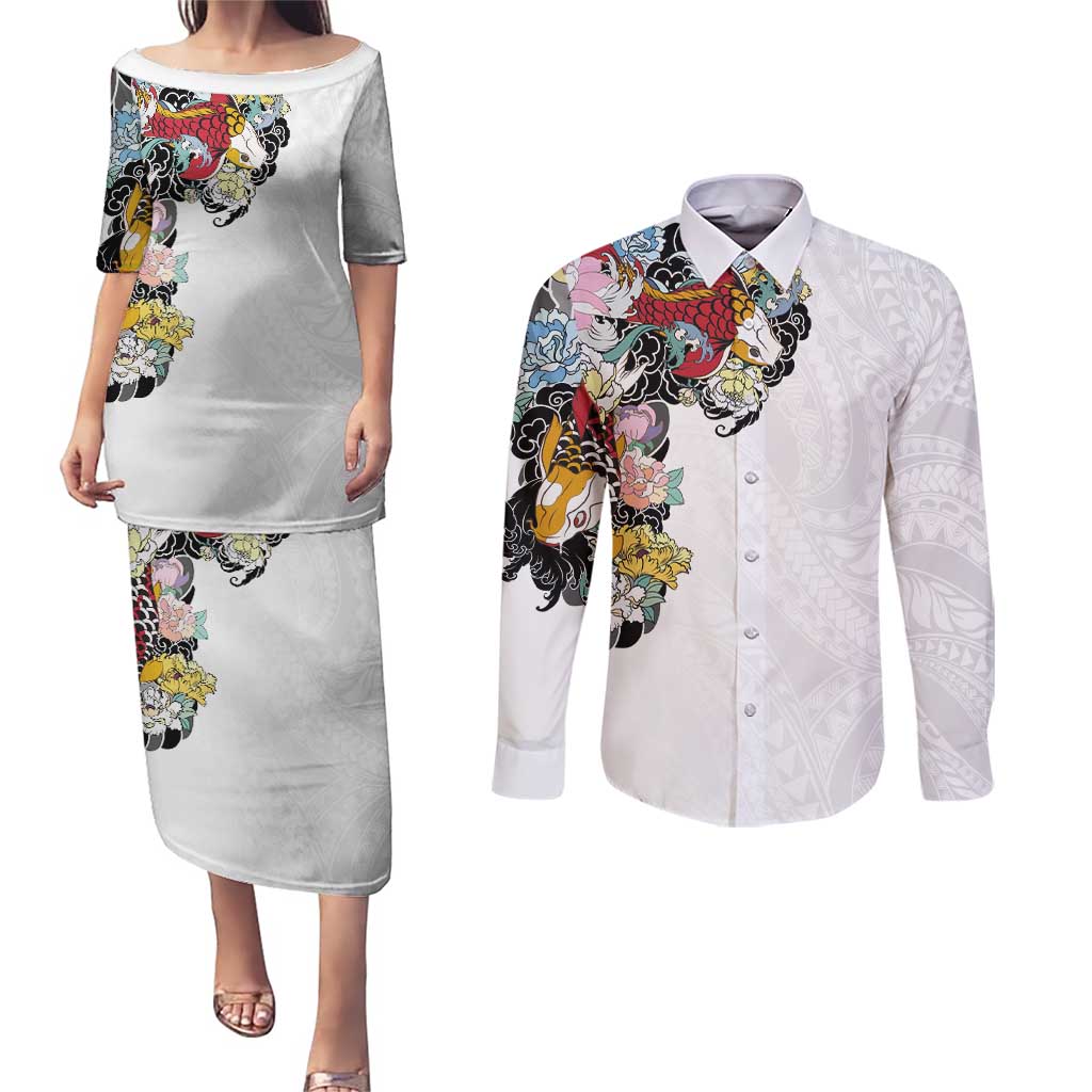 Hawaiian and Japanese Together Couples Matching Puletasi and Long Sleeve Button Shirt Colorful Traditional Japanese Tattoo and Kakau Pattern White Color LT03 White - Polynesian Pride