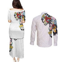 Hawaiian and Japanese Together Couples Matching Puletasi and Long Sleeve Button Shirt Colorful Traditional Japanese Tattoo and Kakau Pattern White Color LT03 - Polynesian Pride