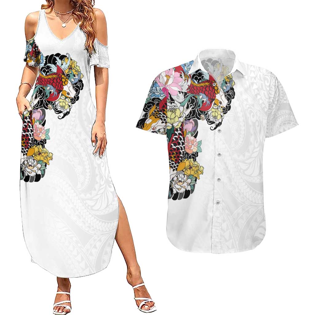 Hawaiian and Japanese Together Couples Matching Summer Maxi Dress and Hawaiian Shirt Colorful Traditional Japanese Tattoo and Kakau Pattern White Color