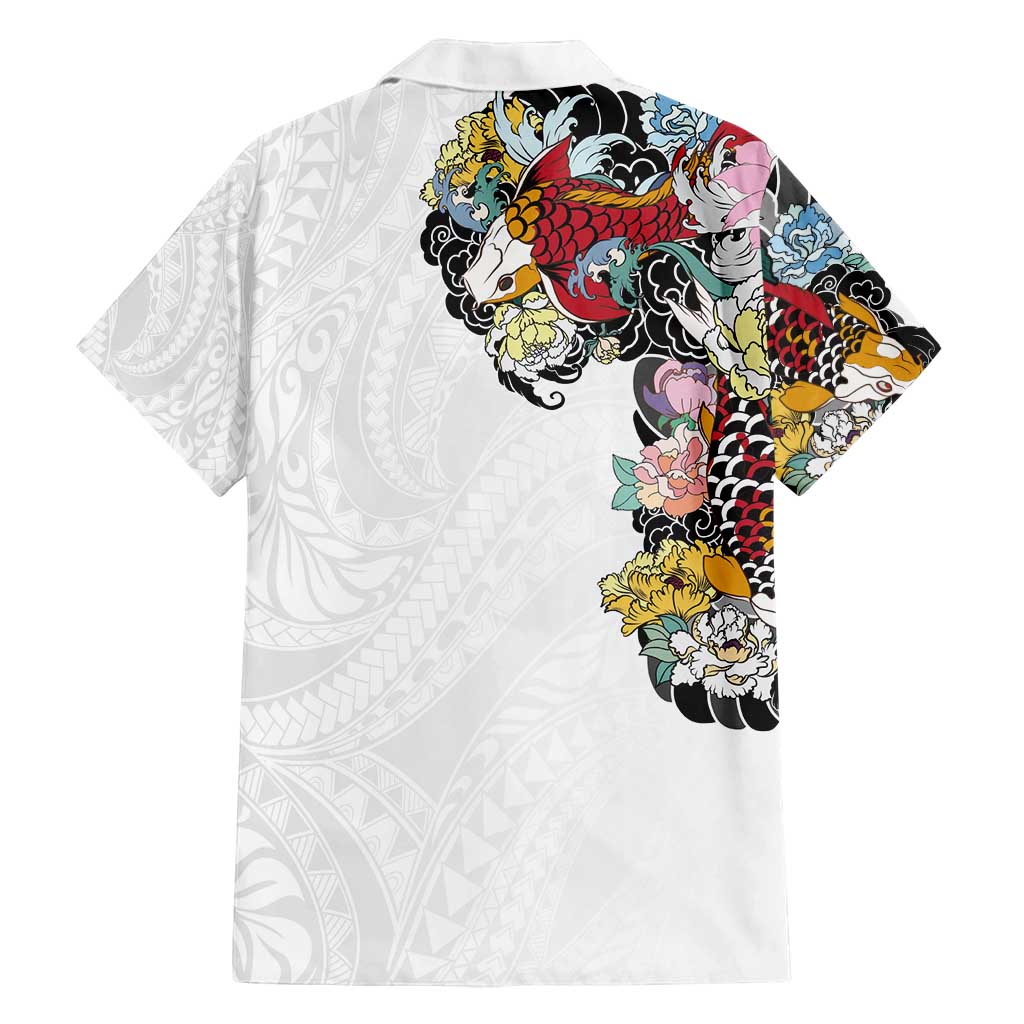 Hawaiian and Japanese Together Family Matching Long Sleeve Bodycon Dress and Hawaiian Shirt Colorful Traditional Japanese Tattoo and Kakau Pattern White Color