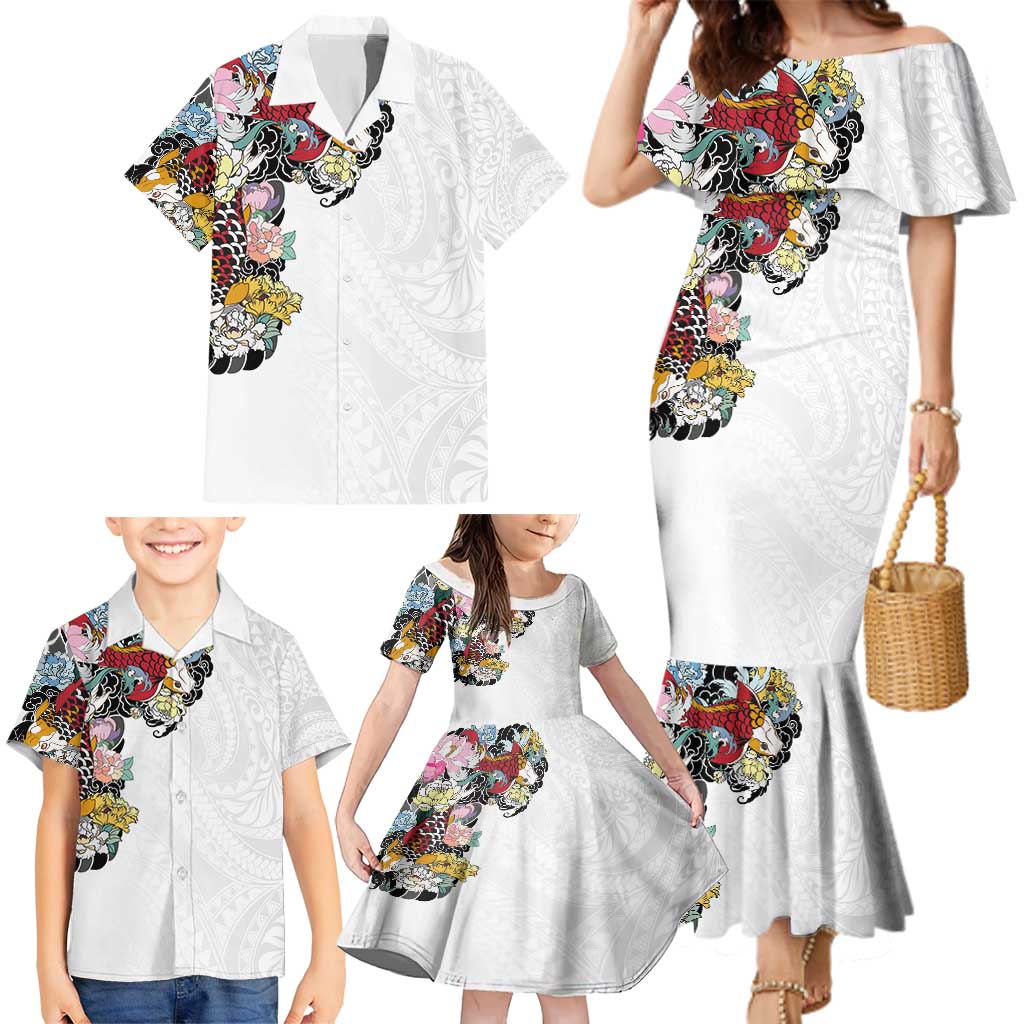Hawaiian and Japanese Together Family Matching Mermaid Dress and Hawaiian Shirt Colorful Traditional Japanese Tattoo and Kakau Pattern White Color