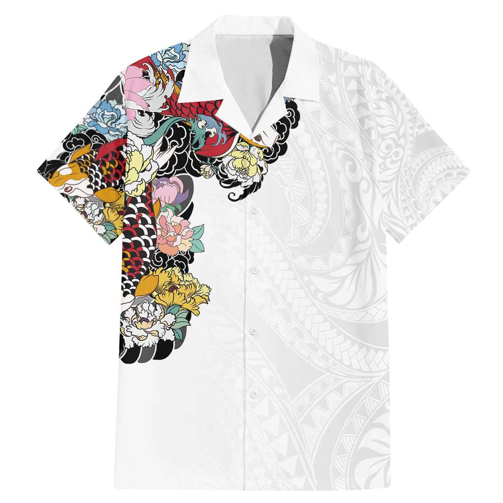 Hawaiian and Japanese Together Family Matching Mermaid Dress and Hawaiian Shirt Colorful Traditional Japanese Tattoo and Kakau Pattern White Color LT03 Dad's Shirt - Short Sleeve White - Polynesian Pride