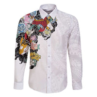 Hawaiian and Japanese Together Family Matching Mermaid Dress and Hawaiian Shirt Colorful Traditional Japanese Tattoo and Kakau Pattern White Color LT03 Dad's Shirt - Long Sleeve White - Polynesian Pride