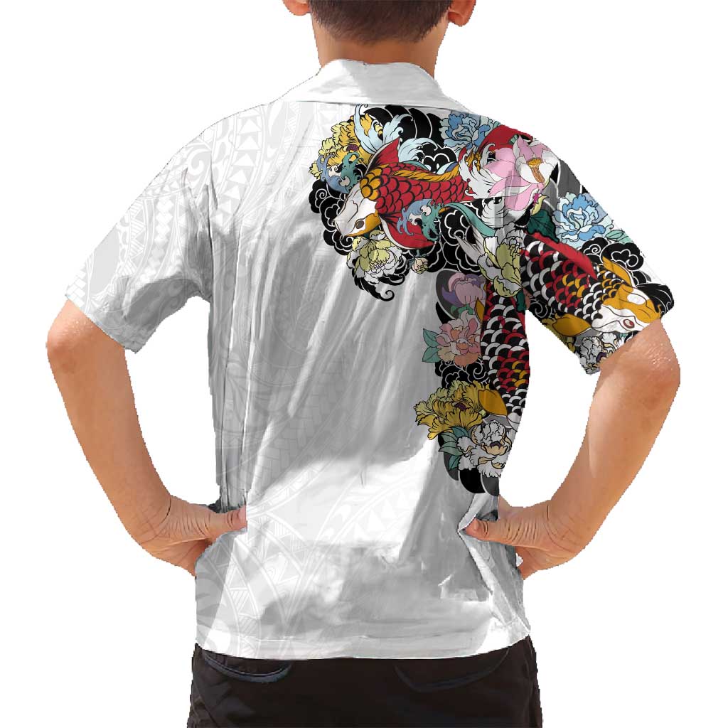 Hawaiian and Japanese Together Family Matching Off Shoulder Maxi Dress and Hawaiian Shirt Colorful Traditional Japanese Tattoo and Kakau Pattern White Color LT03 - Polynesian Pride