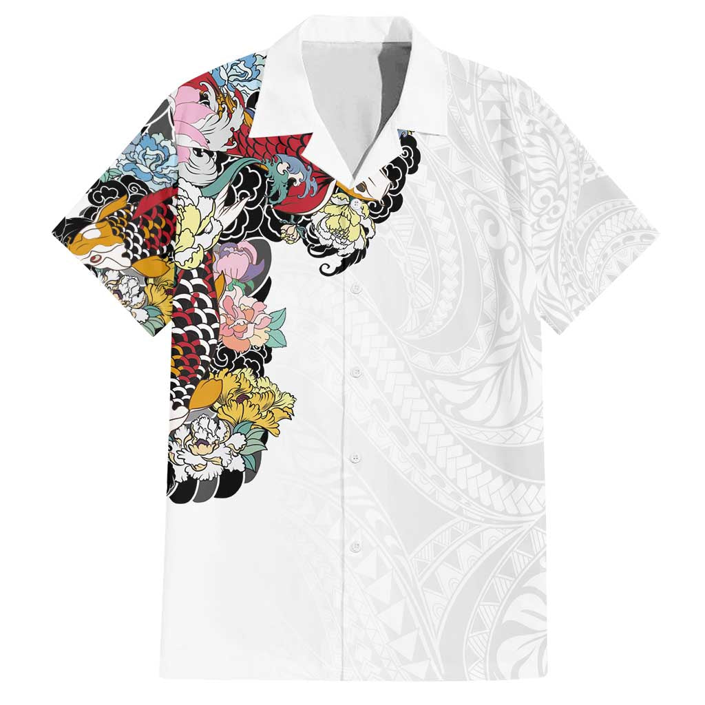Hawaiian and Japanese Together Family Matching Off Shoulder Maxi Dress and Hawaiian Shirt Colorful Traditional Japanese Tattoo and Kakau Pattern White Color LT03 Dad's Shirt - Short Sleeve White - Polynesian Pride